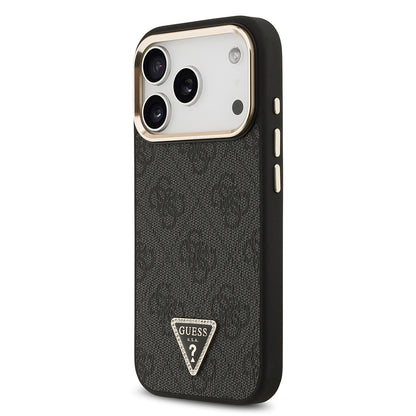 Apple iPhone 17 Pro Kılıf Guess Orjinal Lisanslı M-safe Şarj Özellikli Gold Metal Kamera Çerçeveli Taşlı Üçgen Logo 4G Desenli Kapak