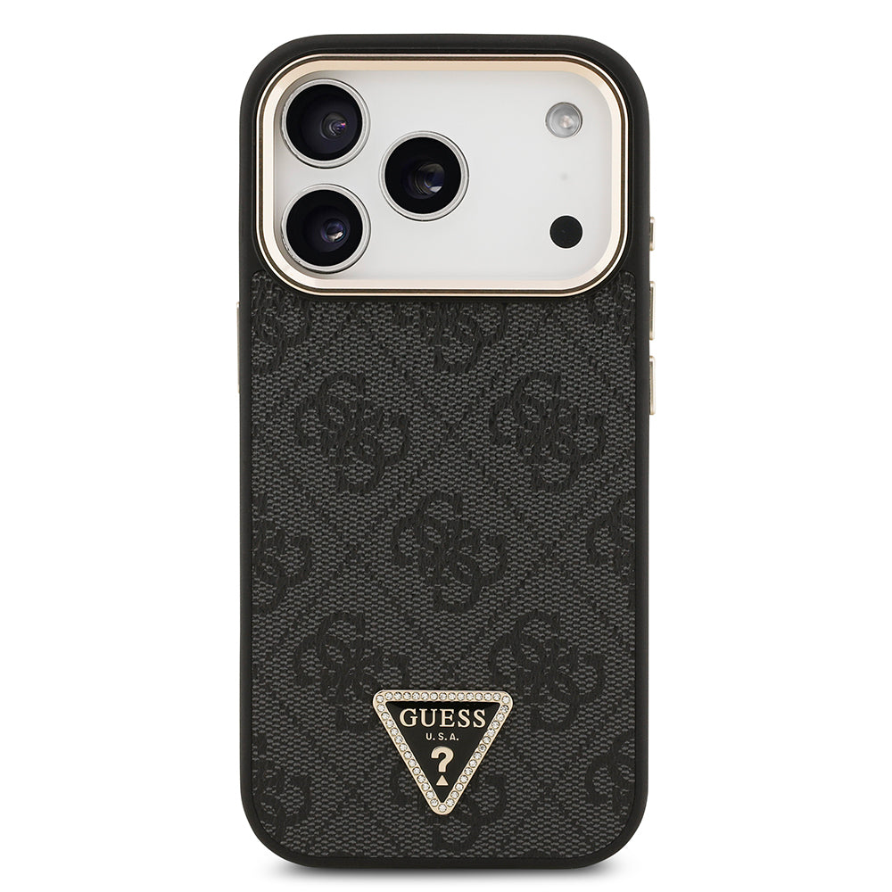 Apple iPhone 17 Pro Kılıf Guess Orjinal Lisanslı M-safe Şarj Özellikli Gold Metal Kamera Çerçeveli Taşlı Üçgen Logo 4G Desenli Kapak