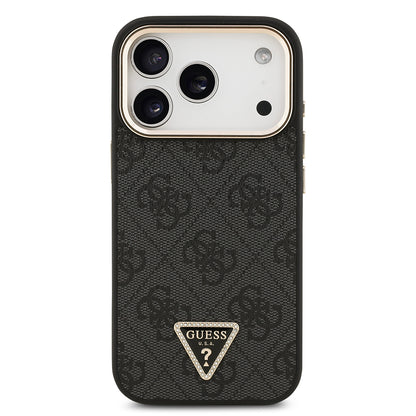 Apple iPhone 17 Pro Kılıf Guess Orjinal Lisanslı M-safe Şarj Özellikli Gold Metal Kamera Çerçeveli Taşlı Üçgen Logo 4G Desenli Kapak