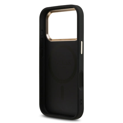 Apple iPhone 17 Pro Kılıf Guess Orjinal Lisanslı M-safe Şarj Özellikli Gold Metal Kamera Çerçeveli Taşlı Üçgen Logo 4G Desenli Kapak
