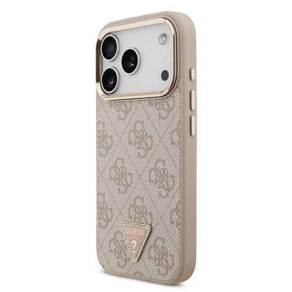 Apple iPhone 17 Pro Kılıf Guess Orjinal Lisanslı M-safe Şarj Özellikli Gold Metal Kamera Çerçeveli Taşlı Üçgen Logo 4G Desenli Kapak