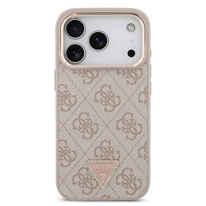 Apple iPhone 17 Pro Kılıf Guess Orjinal Lisanslı M-safe Şarj Özellikli Gold Metal Kamera Çerçeveli Taşlı Üçgen Logo 4G Desenli Kapak