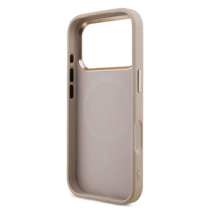 Apple iPhone 17 Pro Kılıf Guess Orjinal Lisanslı M-safe Şarj Özellikli Gold Metal Kamera Çerçeveli Taşlı Üçgen Logo 4G Desenli Kapak