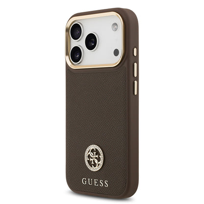 Apple iPhone 17 Pro Kılıf Guess Orjinal Lisanslı M-safe Şarj Özellikli Grained Yazı ve Taşlı 4G Logolu Kapak
