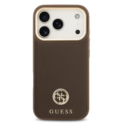 Apple iPhone 17 Pro Kılıf Guess Orjinal Lisanslı M-safe Şarj Özellikli Grained Yazı ve Taşlı 4G Logolu Kapak