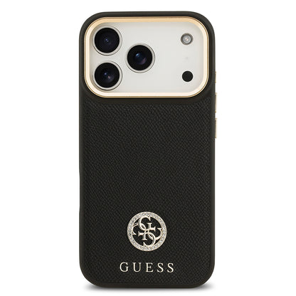 Apple iPhone 17 Pro Kılıf Guess Orjinal Lisanslı M-safe Şarj Özellikli Grained Yazı ve Taşlı 4G Logolu Kapak
