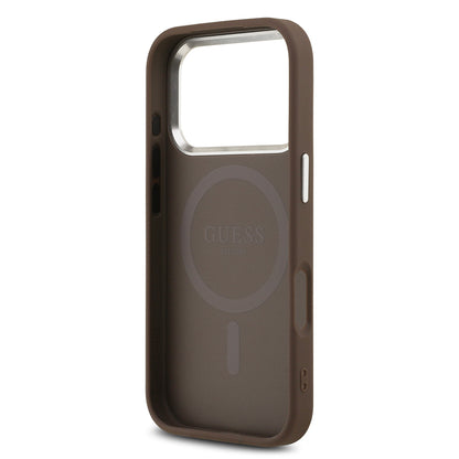 Apple iPhone 17 Pro Kılıf Guess Orjinal Lisanslı M-safe Şarj Özellikli Gümüş Metal Kamera Çerçeveli Üçgen Logo 4G Desenli Kapak