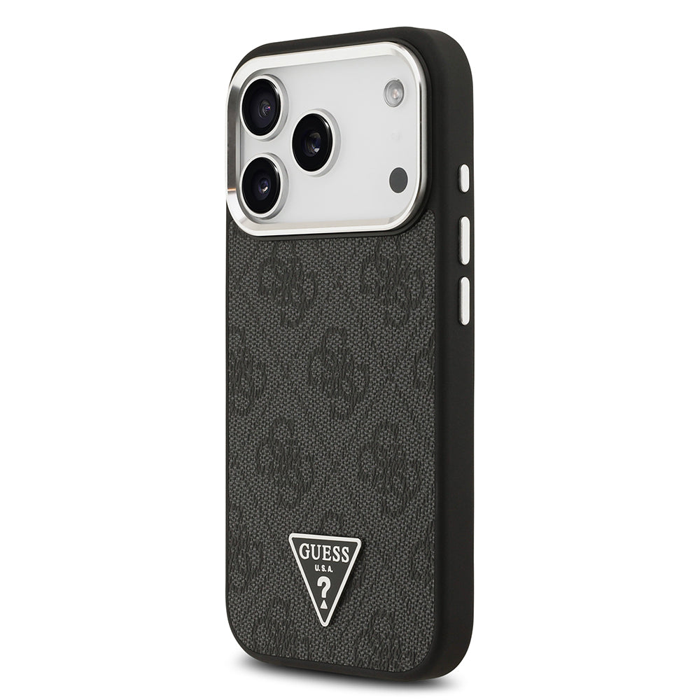 Apple iPhone 17 Pro Kılıf Guess Orjinal Lisanslı M-safe Şarj Özellikli Gümüş Metal Kamera Çerçeveli Üçgen Logo 4G Desenli Kapak