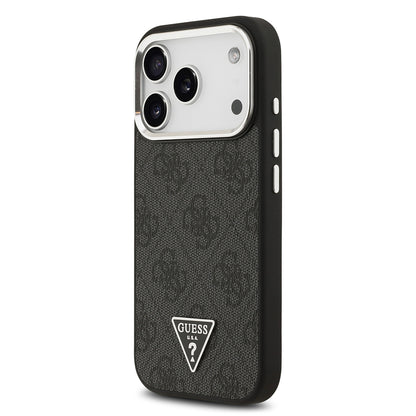 Apple iPhone 17 Pro Kılıf Guess Orjinal Lisanslı M-safe Şarj Özellikli Gümüş Metal Kamera Çerçeveli Üçgen Logo 4G Desenli Kapak