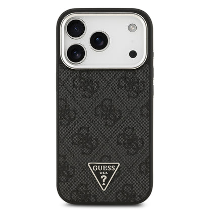 Apple iPhone 17 Pro Kılıf Guess Orjinal Lisanslı M-safe Şarj Özellikli Gümüş Metal Kamera Çerçeveli Üçgen Logo 4G Desenli Kapak