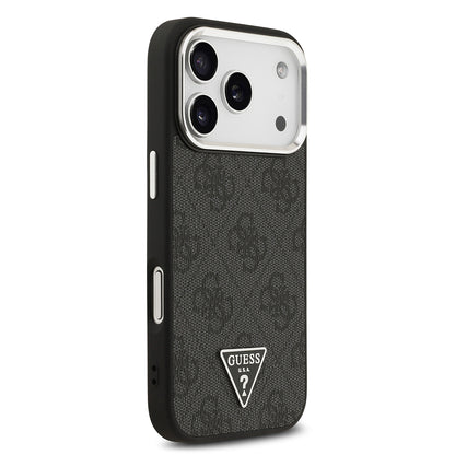 Apple iPhone 17 Pro Kılıf Guess Orjinal Lisanslı M-safe Şarj Özellikli Gümüş Metal Kamera Çerçeveli Üçgen Logo 4G Desenli Kapak