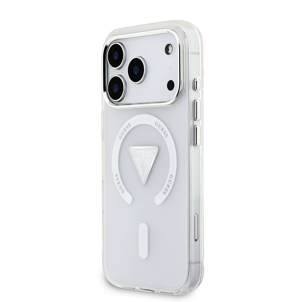 Apple iPhone 17 Pro Kılıf Guess Orjinal Lisanslı M-safe Şarj Özellikli IML Baskılı Üçgen Logolu Metal Kamera Çerçeveli Kapak