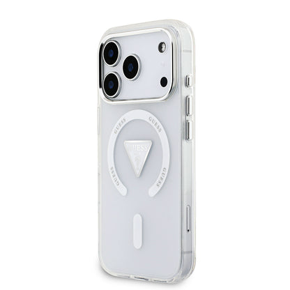 Apple iPhone 17 Pro Kılıf Guess Orjinal Lisanslı M-safe Şarj Özellikli IML Baskılı Üçgen Logolu Metal Kamera Çerçeveli Kapak