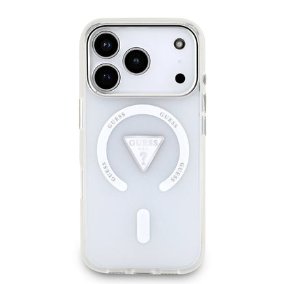 Apple iPhone 17 Pro Kılıf Guess Orjinal Lisanslı M-safe Şarj Özellikli IML Baskılı Üçgen Logolu Metal Kamera Çerçeveli Kapak