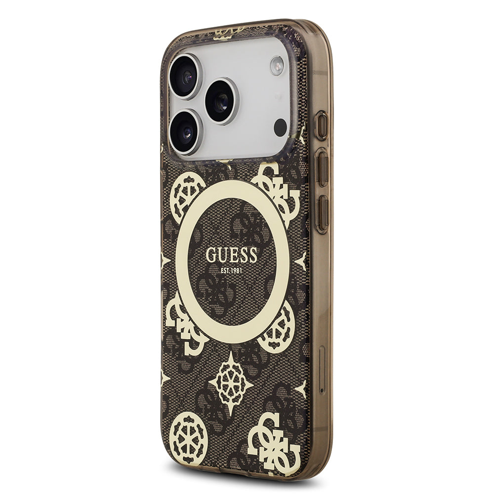 Apple iPhone 17 Pro Kılıf Guess Orjinal Lisanslı M-safe Şarj Özellikli IML Peony ve 4G Desenli Klasik Logolu Kapak