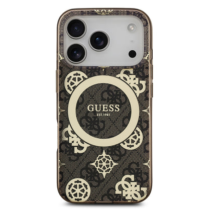 Apple iPhone 17 Pro Kılıf Guess Orjinal Lisanslı M-safe Şarj Özellikli IML Peony ve 4G Desenli Klasik Logolu Kapak