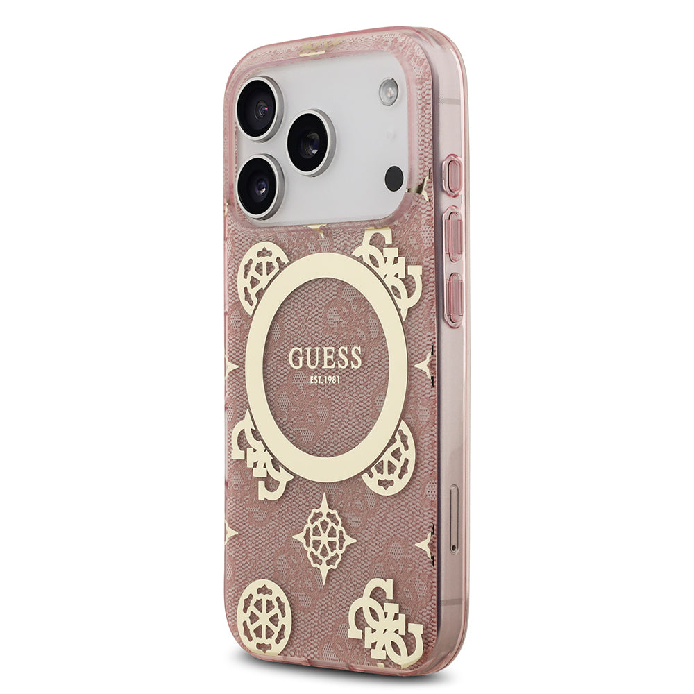 Apple iPhone 17 Pro Kılıf Guess Orjinal Lisanslı M-safe Şarj Özellikli IML Peony ve 4G Desenli Klasik Logolu Kapak