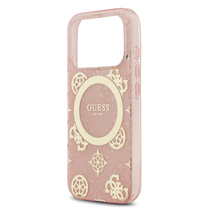 Apple iPhone 17 Pro Kılıf Guess Orjinal Lisanslı M-safe Şarj Özellikli IML Peony ve 4G Desenli Klasik Logolu Kapak