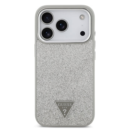 Apple iPhone 17 Pro Kılıf Guess Orjinal Lisanslı M-safe Şarj Özellikli Metal Kamera Çerçeveli Üçgen Logolu Glitter Kapak