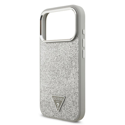Apple iPhone 17 Pro Kılıf Guess Orjinal Lisanslı M-safe Şarj Özellikli Metal Kamera Çerçeveli Üçgen Logolu Glitter Kapak