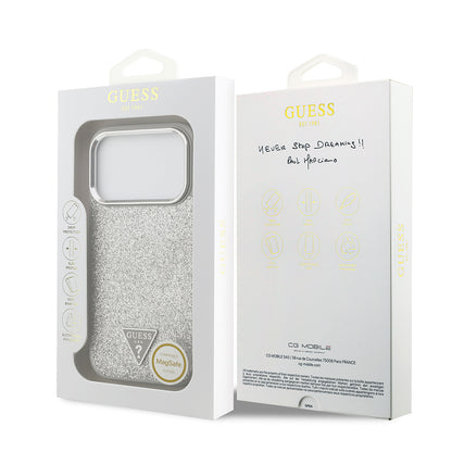 Apple iPhone 17 Pro Kılıf Guess Orjinal Lisanslı M-safe Şarj Özellikli Metal Kamera Çerçeveli Üçgen Logolu Glitter Kapak
