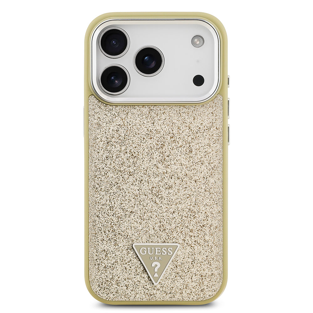 Apple iPhone 17 Pro Kılıf Guess Orjinal Lisanslı M-safe Şarj Özellikli Metal Kamera Çerçeveli Üçgen Logolu Glitter Kapak