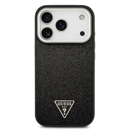 Apple iPhone 17 Pro Kılıf Guess Orjinal Lisanslı M-safe Şarj Özellikli Metal Kamera Çerçeveli Üçgen Logolu Glitter Kapak