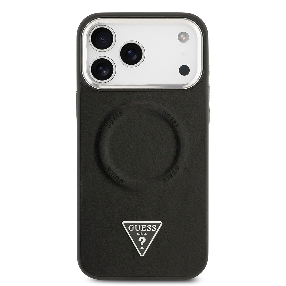 Apple iPhone 17 Pro Kılıf Guess Orjinal Lisanslı M-safe Şarj Özellikli PU Deri Metal Kamera Çerçeveli Üçgen Logolu Kapak
