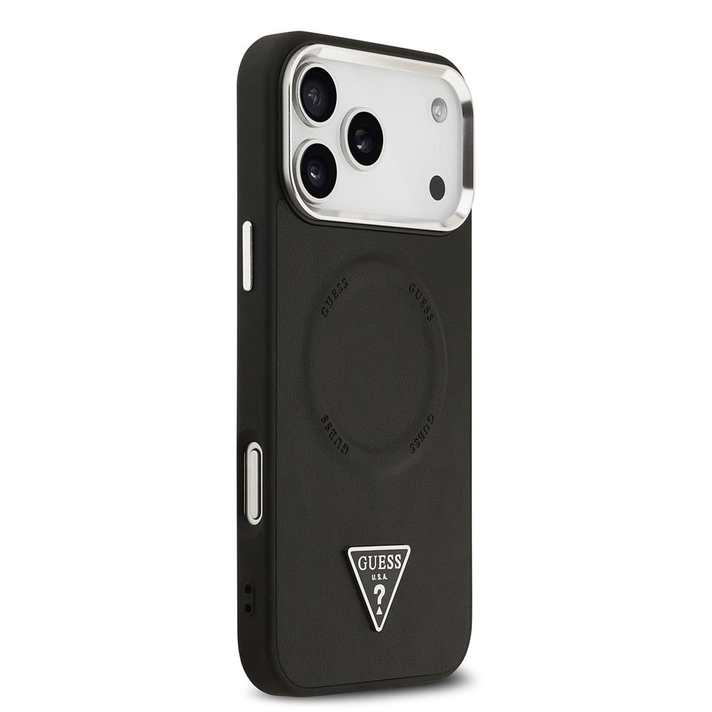 Apple iPhone 17 Pro Kılıf Guess Orjinal Lisanslı M-safe Şarj Özellikli PU Deri Metal Kamera Çerçeveli Üçgen Logolu Kapak