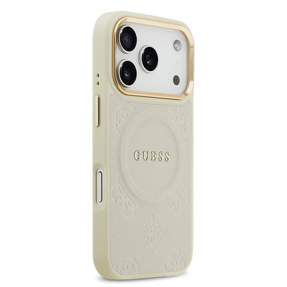 Apple iPhone 17 Pro Kılıf Guess Orjinal Lisanslı M-safe Şarj Özellikli Sıcak Baskılı Yazı Logolu PU Deri Peony Kapak