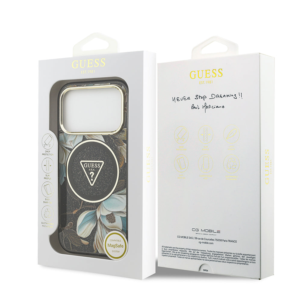 Apple iPhone 17 Pro Kılıf Guess Orjinal Lisanslı M-safe Şarj Özellikli Simli Çiçek Desenli Metal Kamera Çerçeveli Üçgen Logolu Kapak