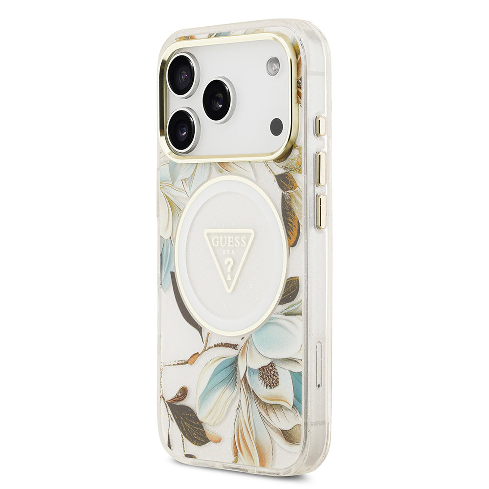 Apple iPhone 17 Pro Kılıf Guess Orjinal Lisanslı M-safe Şarj Özellikli Simli Çiçek Desenli Metal Kamera Çerçeveli Üçgen Logolu Kapak
