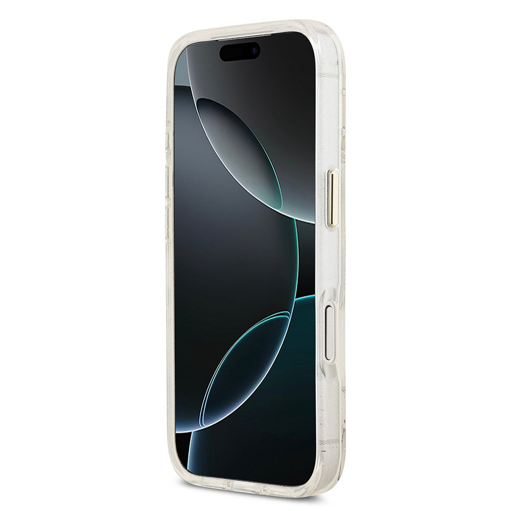 Apple iPhone 17 Pro Kılıf Guess Orjinal Lisanslı M-safe Şarj Özellikli Simli Çiçek Desenli Metal Kamera Çerçeveli Üçgen Logolu Kapak