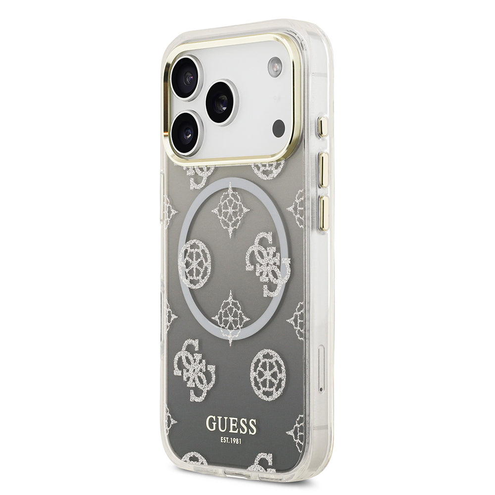 Apple iPhone 17 Pro Kılıf Guess Orjinal Lisanslı M-safe Şarj Özellikli Simli Peony Desenli Silikon Kapak