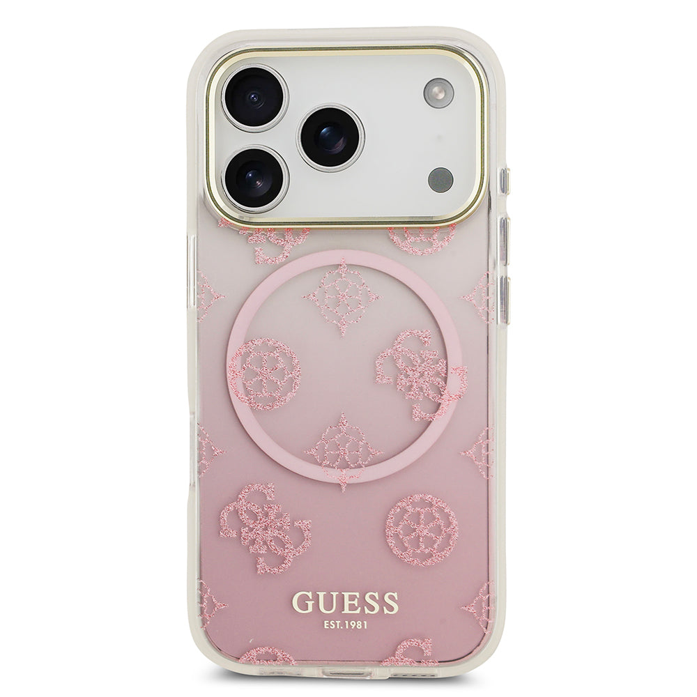 Apple iPhone 17 Pro Kılıf Guess Orjinal Lisanslı M-safe Şarj Özellikli Simli Peony Desenli Silikon Kapak