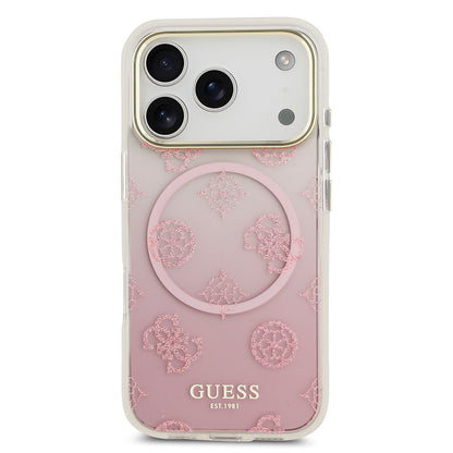 Apple iPhone 17 Pro Kılıf Guess Orjinal Lisanslı M-safe Şarj Özellikli Simli Peony Desenli Silikon Kapak