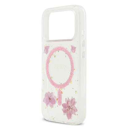 Apple iPhone 17 Pro Kılıf Guess Orjinal Lisanslı M-safe Şarj Özellikli Transparan Resin Flowers Kapak