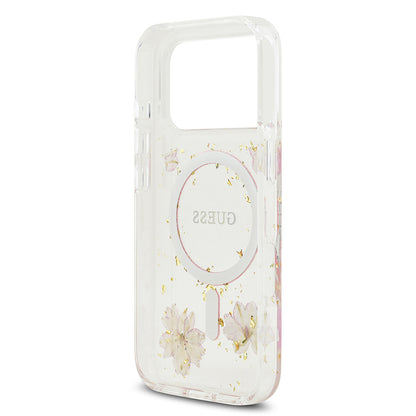 Apple iPhone 17 Pro Kılıf Guess Orjinal Lisanslı M-safe Şarj Özellikli Transparan Resin Flowers Kapak