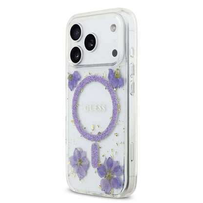 Apple iPhone 17 Pro Kılıf Guess Orjinal Lisanslı M-safe Şarj Özellikli Transparan Resin Flowers Kapak