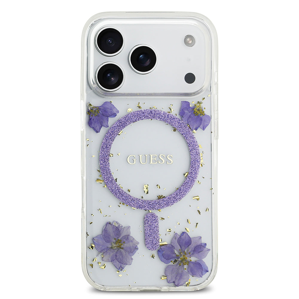 Apple iPhone 17 Pro Kılıf Guess Orjinal Lisanslı M-safe Şarj Özellikli Transparan Resin Flowers Kapak