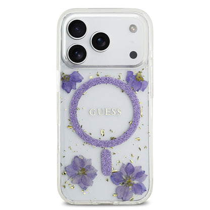 Apple iPhone 17 Pro Kılıf Guess Orjinal Lisanslı M-safe Şarj Özellikli Transparan Resin Flowers Kapak
