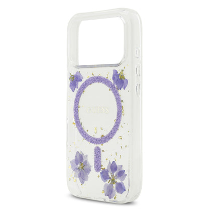Apple iPhone 17 Pro Kılıf Guess Orjinal Lisanslı M-safe Şarj Özellikli Transparan Resin Flowers Kapak