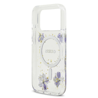Apple iPhone 17 Pro Kılıf Guess Orjinal Lisanslı M-safe Şarj Özellikli Transparan Resin Flowers Kapak