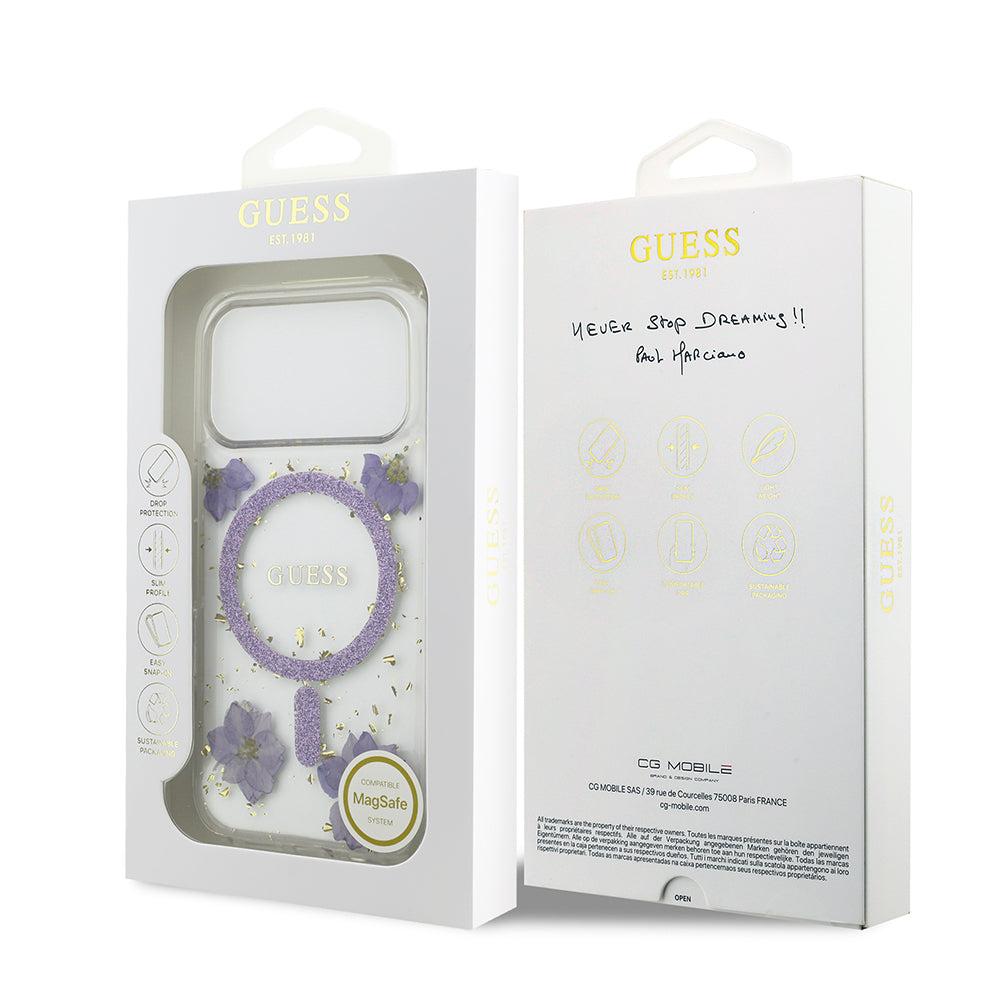 Apple iPhone 17 Pro Kılıf Guess Orjinal Lisanslı M-safe Şarj Özellikli Transparan Resin Flowers Kapak