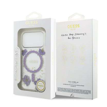 Apple iPhone 17 Pro Kılıf Guess Orjinal Lisanslı M-safe Şarj Özellikli Transparan Resin Flowers Kapak