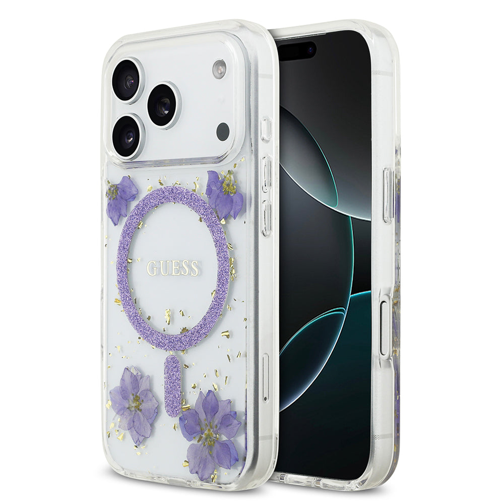 Apple iPhone 17 Pro Kılıf Guess Orjinal Lisanslı M-safe Şarj Özellikli Transparan Resin Flowers Kapak