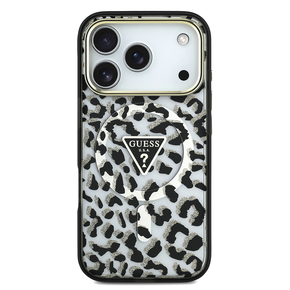 Apple iPhone 17 Pro Kılıf Guess Orjinal Lisanslı M-safe Şarj Özellikli Üçgen Logolu Simli Leopar Desenli Kapak