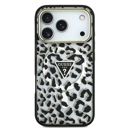 Apple iPhone 17 Pro Kılıf Guess Orjinal Lisanslı M-safe Şarj Özellikli Üçgen Logolu Simli Leopar Desenli Kapak