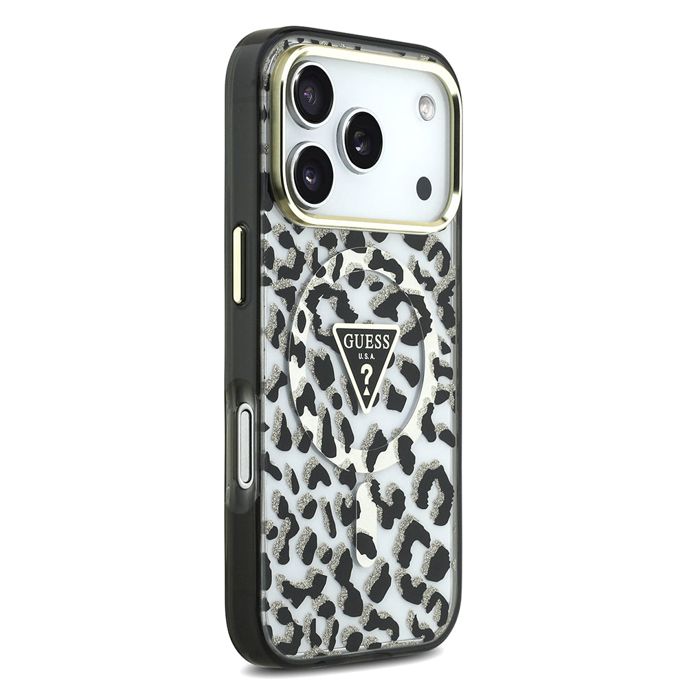 Apple iPhone 17 Pro Kılıf Guess Orjinal Lisanslı M-safe Şarj Özellikli Üçgen Logolu Simli Leopar Desenli Kapak