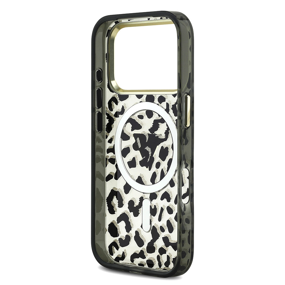 Apple iPhone 17 Pro Kılıf Guess Orjinal Lisanslı M-safe Şarj Özellikli Üçgen Logolu Simli Leopar Desenli Kapak